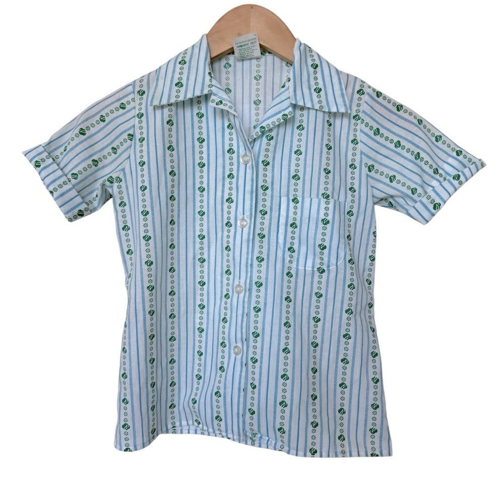 VINTAGE! 1970s Girl Scouts Short Sleeve Uniform Shirt All Over Pattern Sz Small